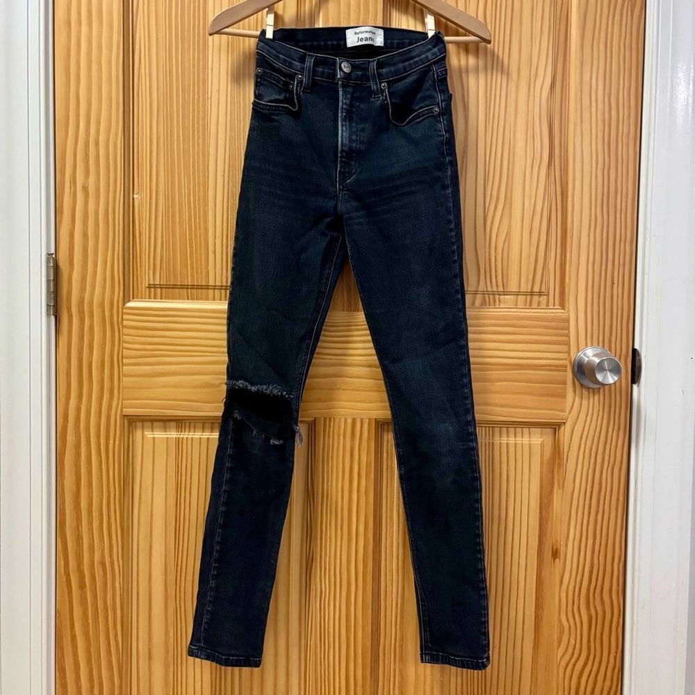 Reformation High and Skinny Faded Black Destroyed Jeans 28in Inseam